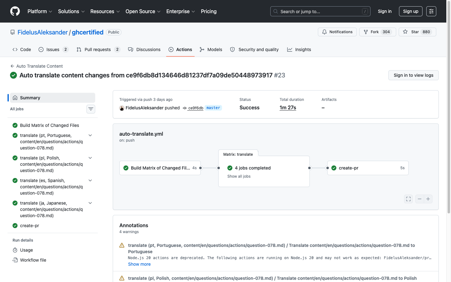 GitHub Actions run showing the auto-translate pipeline with matrix jobs for 4 languages
