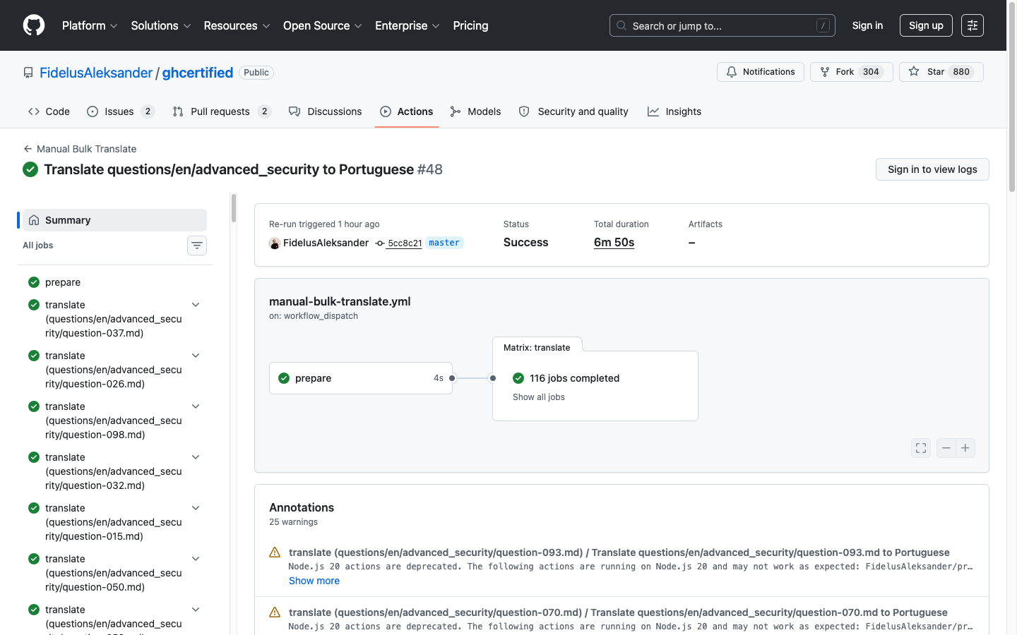 Bulk translate workflow run showing 116 matrix jobs translating questions to Portuguese