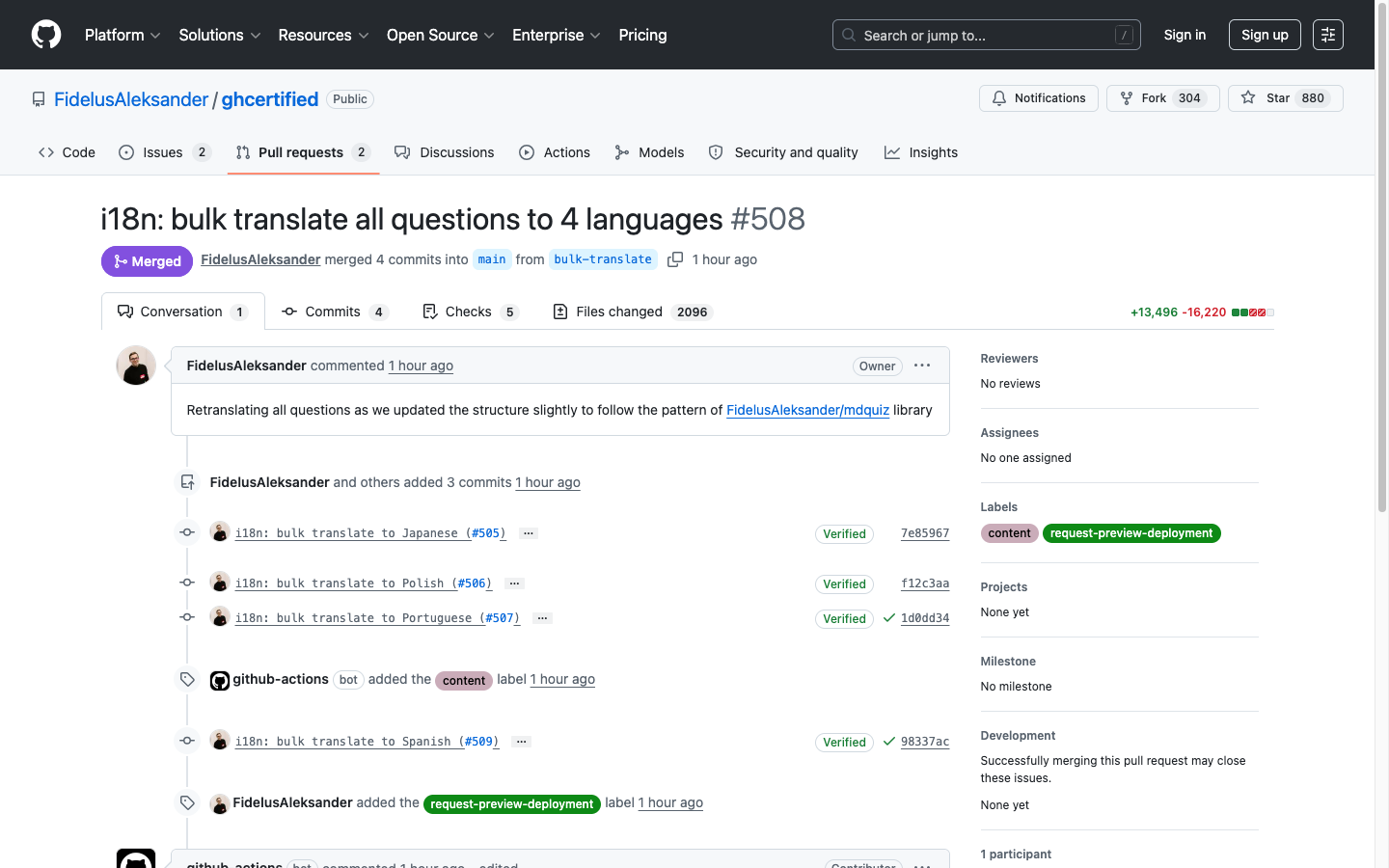 PR #508 showing 2096 files changed with bulk translations to 4 languages