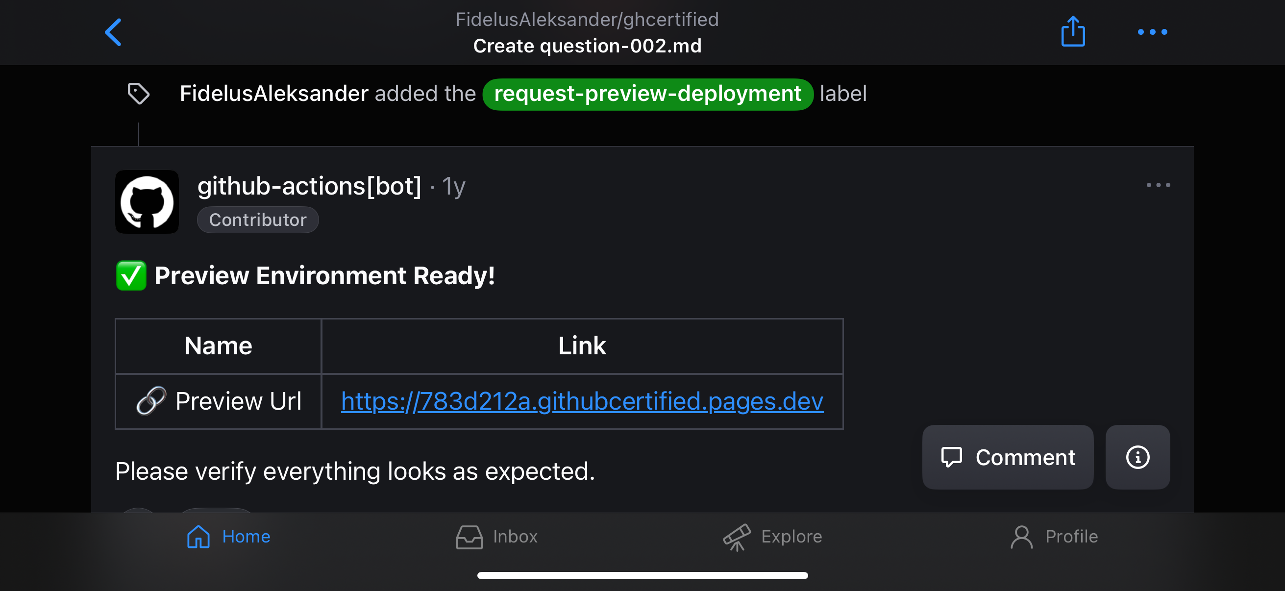 PR comment with link to preview website